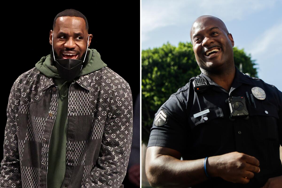 Left, LeBron James of the Los Angeles Lakers and right, LAPD officer Deon Joseph