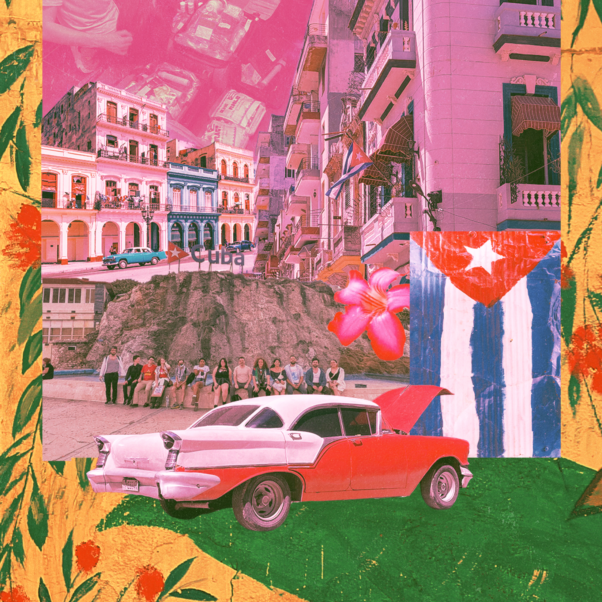 Illustrated montage of Cuban flag, an old-fashioned car, ornate buildings and flowers