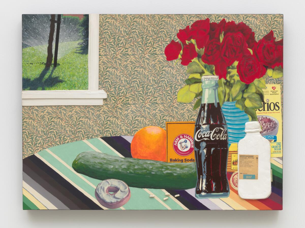A mixed media painting of a cucumber, a Coke bottle, roses and other items on a table.