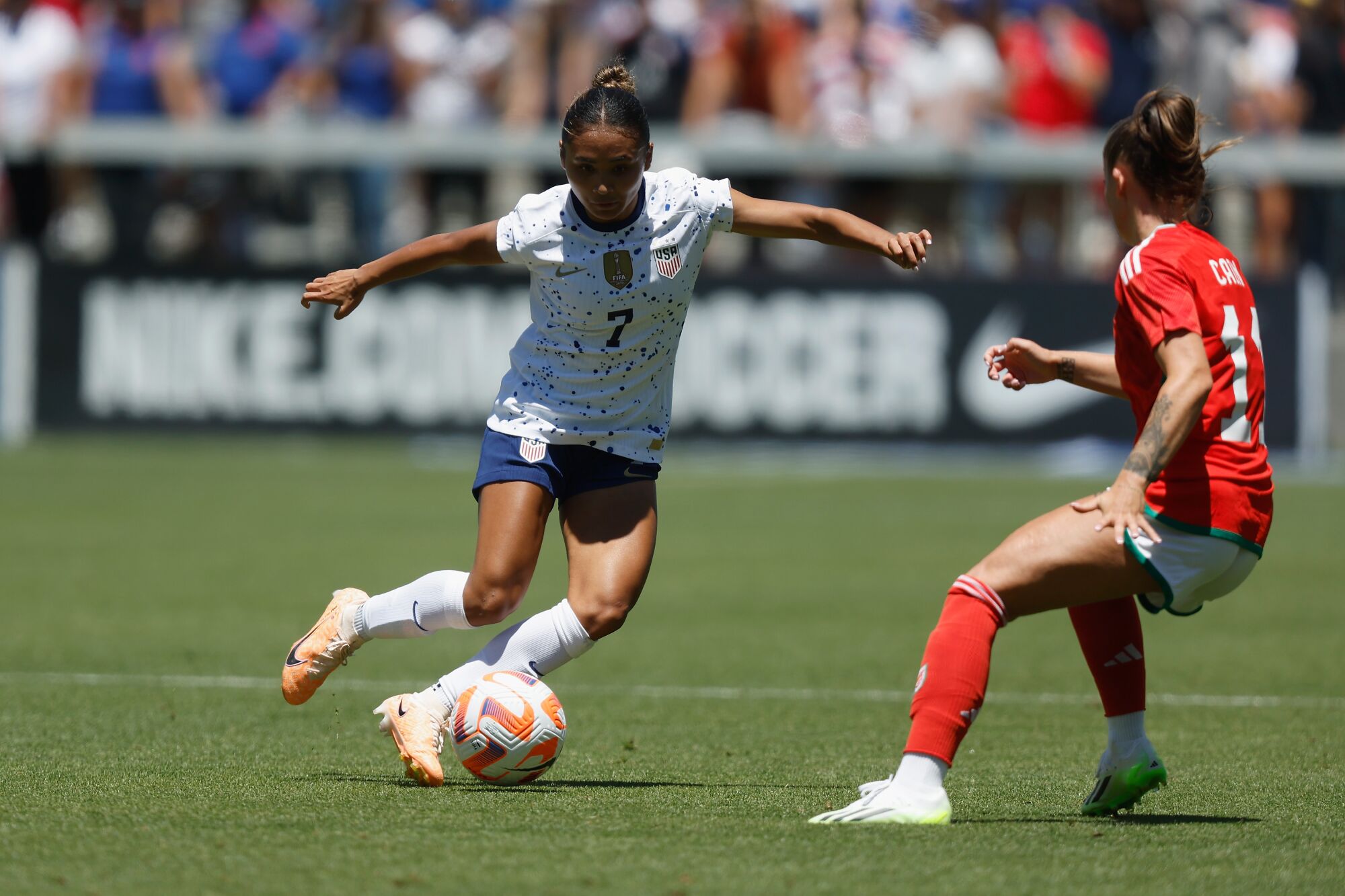 Alyssa Thompson controls the ball during a friendly match between the U.S. and Wales on July 9.