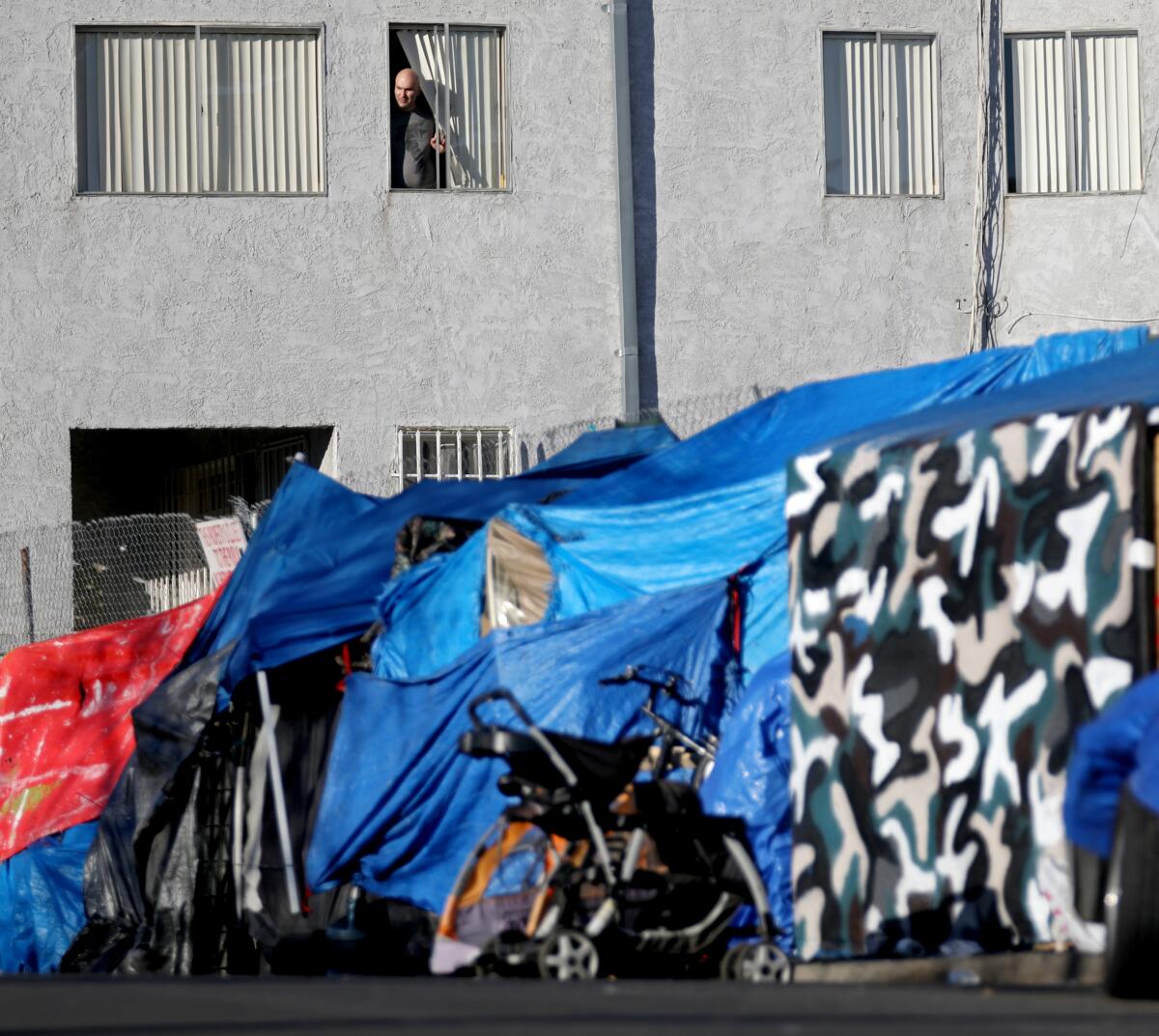 An encampment on a sidewalk in the Los Feliz neighborhood.