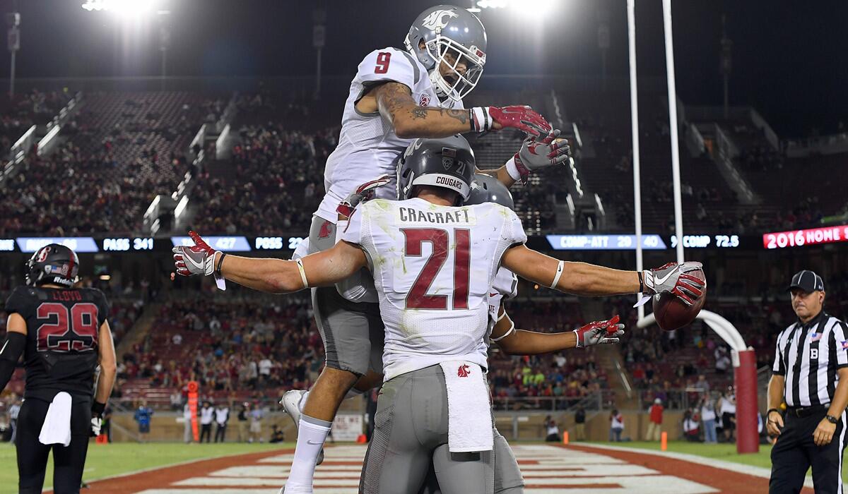 Washington State's River Cracraft and Gabe Marks celebrate after Cracraft caught a touchdown pass against Stanford last weekend.