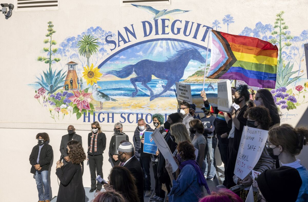 People denounced hate graffiti at San Dieguito Academy High in Encinitas Monday, January 3.