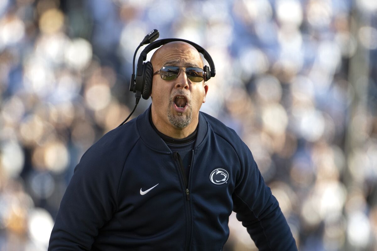 Penn State coach James Franklin reacts to a call 