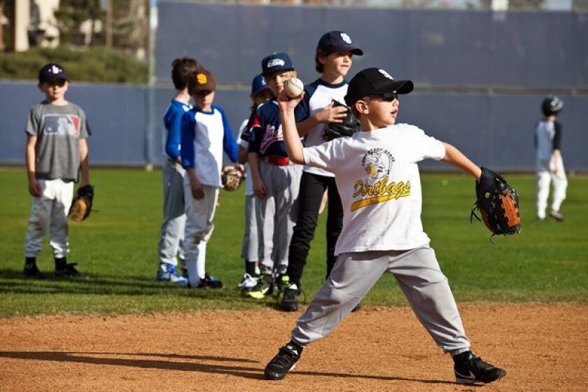 Some 40 Pinto players (ages 7-8) from La Jolla Youth Baseball attend the Jan. 18, 2015 skills clinic hosted by the UCSD baseball team.