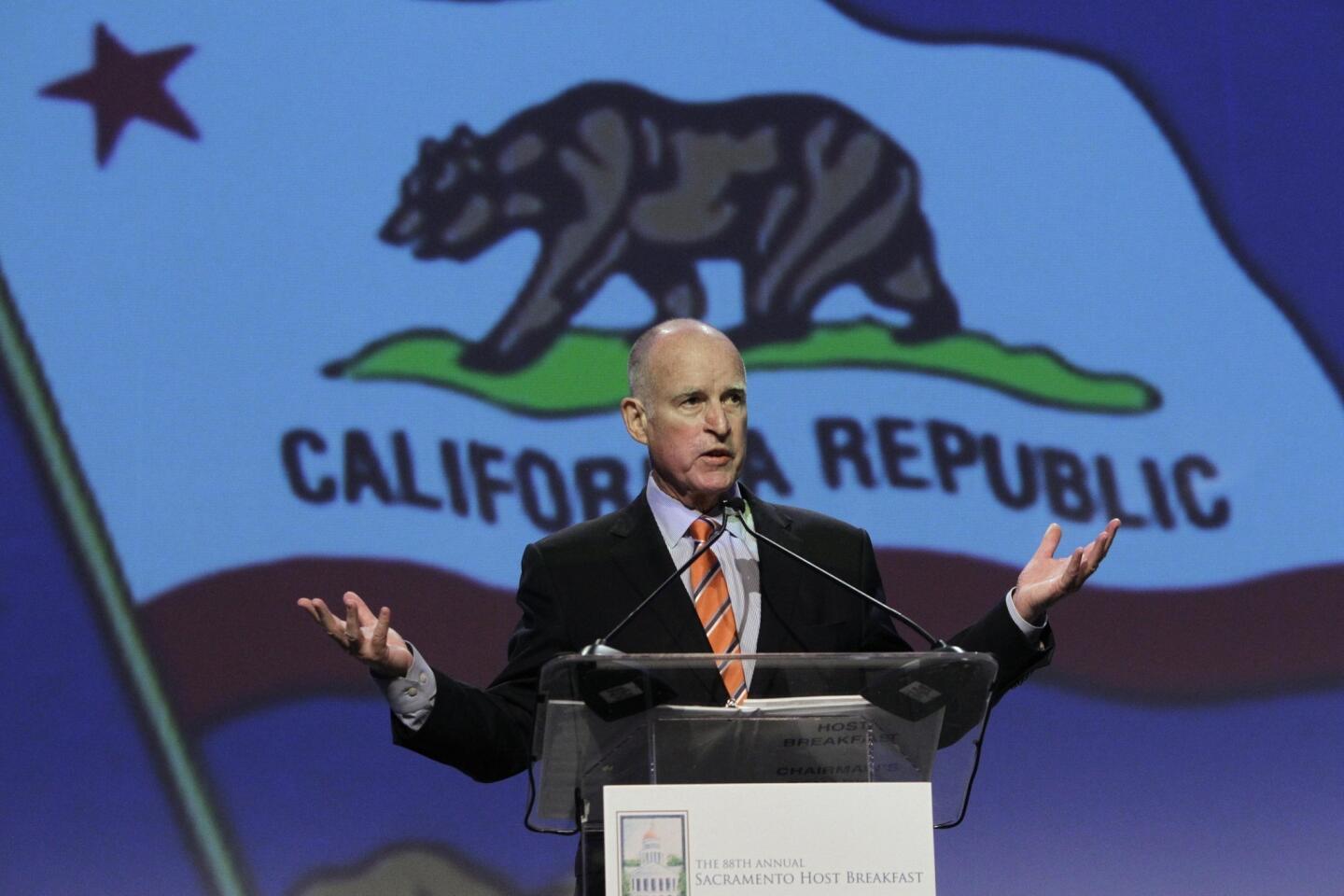 By Sara Lessley, guest blogger In the final year of his third term as governor, Jerry Brown is riding high after a series of high-profile successes. Defying expectations, "Brown has faced down a massive state deficit, persuaded voters to approve new taxes and overhauled school finances and the state's vast prison system," declares the Christian Science Monitor. "Brown is right to stay the course," applauds The Times' editorial board, by sticking with the "cautious practices that led the state safely to this point." "Now he is the most trusted, stable, and reliable leader around," adds political scientist Bruce Cain in the Atlantic, about the man who was also California's top pol from 1975 to 1983. But Brown is not without his critics, and potential landmines. Some excoriate his "think big and be bold" plans -- a bullet train (now ringing up at an estimated $68 billion) and water tunnels under the Sacramento delta ($25 billion and counting). Others say the "kooky Left Coast Gov. Moonbeam" got lucky, taking office this time around in an upward economy and with the Democrats in charge in Sacramento. "Rich people can't cross the state line fast enough," they complain. Well, says the 75-year-old Democrat: "I've been down, and I've been up. And I'd much prefer to be up." Here's a look at some of Brown's astute accomplishments -- plus his, well, perhaps pie-in-the-sky dreams. Sara Lessley is a freelance journalist and editing coach in Los Angeles.