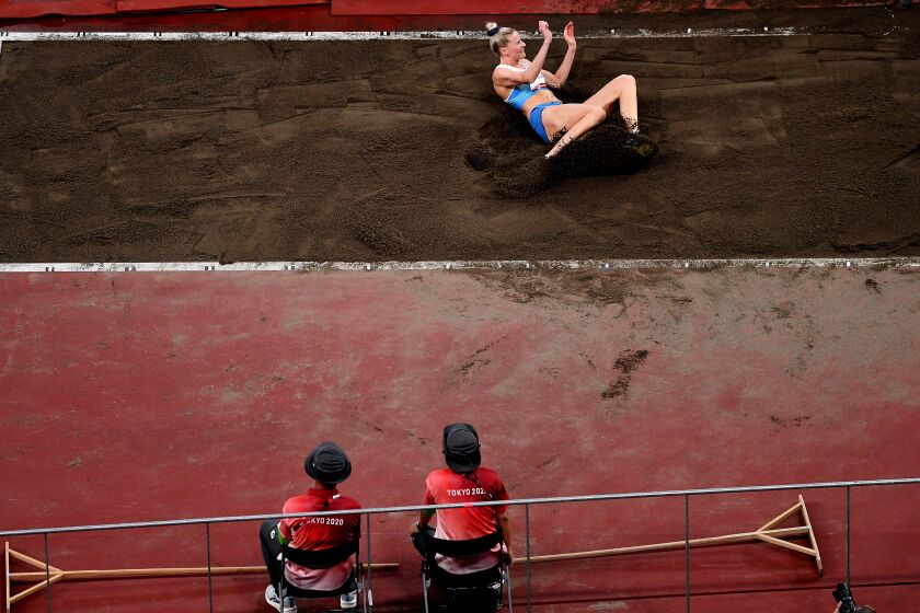 -TOKYO,JAPAN July 30, 2021: Finland's Kristina Makela makes a jump in the women's triple jump qualifying at the 2020 Tokyo Olympics. (Wally Skalij /Los Angeles Times)