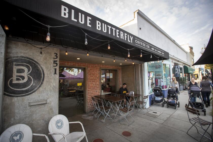 EL SEGUNDO, CALIF. -- THURSDAY, NOVEMBER 14, 2019: Four hours in El Segundo: Exterior view of the Blue Butterfly Coffee shop in El Segundo, Calif., on Nov. 14, 2019. (Allen J. Schaben / Los Angeles Times)
