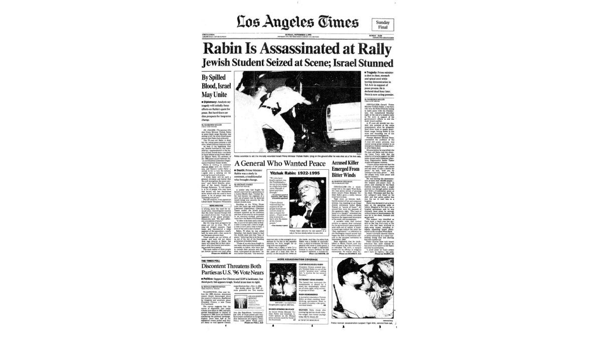 Front-page coverage of the Yitzhak Rabin assassination from Nov. 5, 1995.