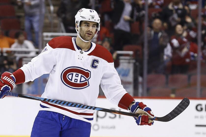 FILE - In this Thursday, Feb. 15, 2018, file photo, Montreal Canadiens left wing Max Pacioretty (67) pauses on the ice during the second period of an NHL hockey game against the Arizona Coyotes in Glendale, Ariz. In a deal announced late Sunday, Sept. 9, 2018, the Vegas Golden Knights have acquired All-Star forward Max Pacioretty from the Montreal Canadiens for Tomas Tatar, prospect Nick Suzuki and a 2019 second-round pick. (AP Photo/Ross D. Franklin, File)