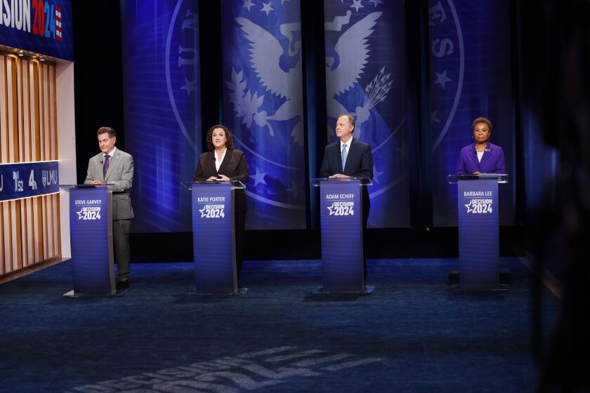From left, senate candidates, Steve Garvey, Rep. Katie Porter, Rep. Adam Schiff and Rep. Barbara Lee took the stage or the final debate before the March 5 primary.
