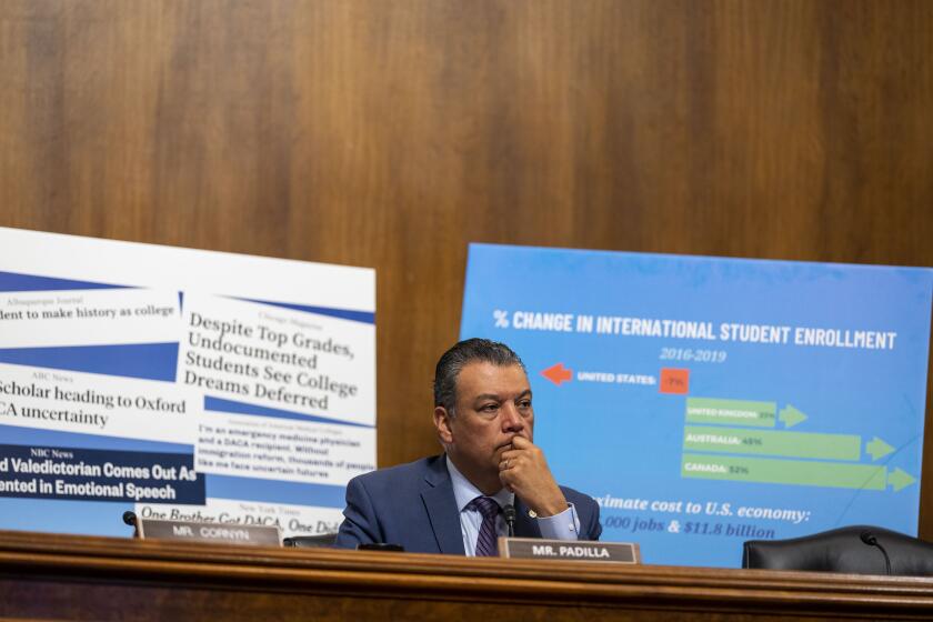 WASHINGTON, DC - JUNE 14: Sen. Alex Padilla (D-CA) listens to witness testimony during a Senate Judiciary Subcommittee on Immigration, Citizenship and Border Safety hearing on Examining the Impact Immigration Policies Have on Access to Higher Education, on Capitol Hill on Tuesday, June 14, 2022 in Washington, DC. Ahead of the tenth anniversary of the Deferred Action for Childhood Arrivals (DACA) program, the hearing looks at challenges that students with DACA status, undocumented students, and international students face in seeking higher education and obtaining jobs in the United States following graduation. (Kent Nishimura / Los Angeles Times)