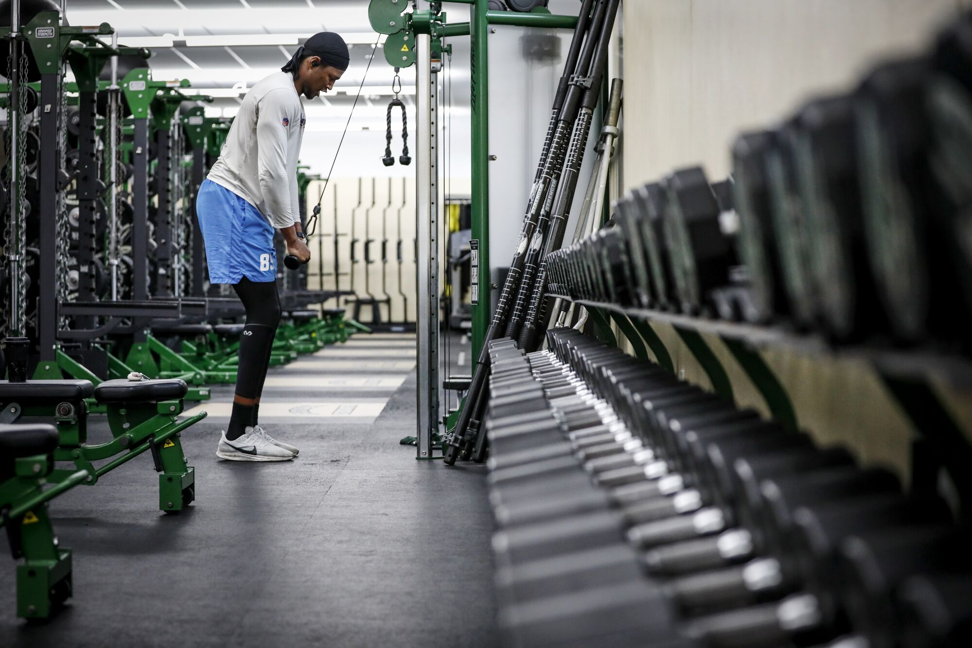 Donald Parham Jr.  trains in the weight room at Stetson University in DeLand, Fla., on April 7.