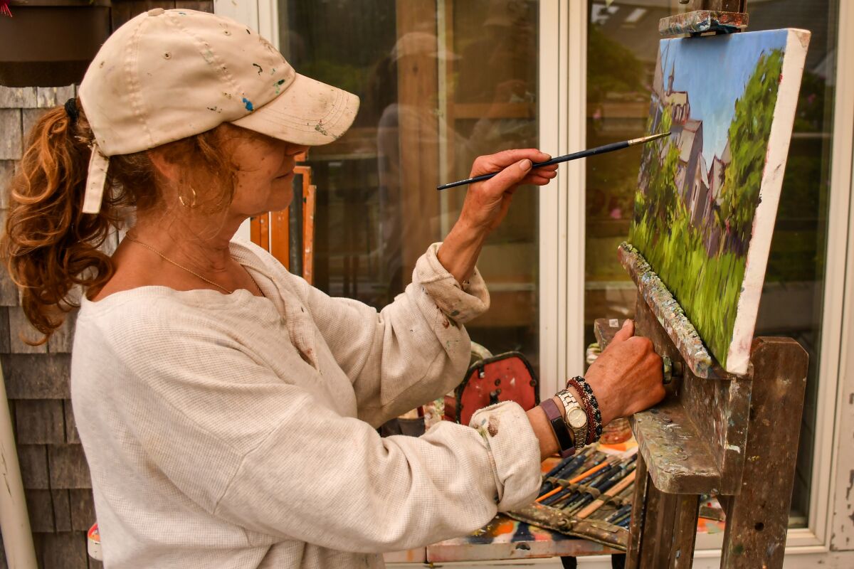 Artist Alison Hill in her studio, Monhegan Island, Maine.