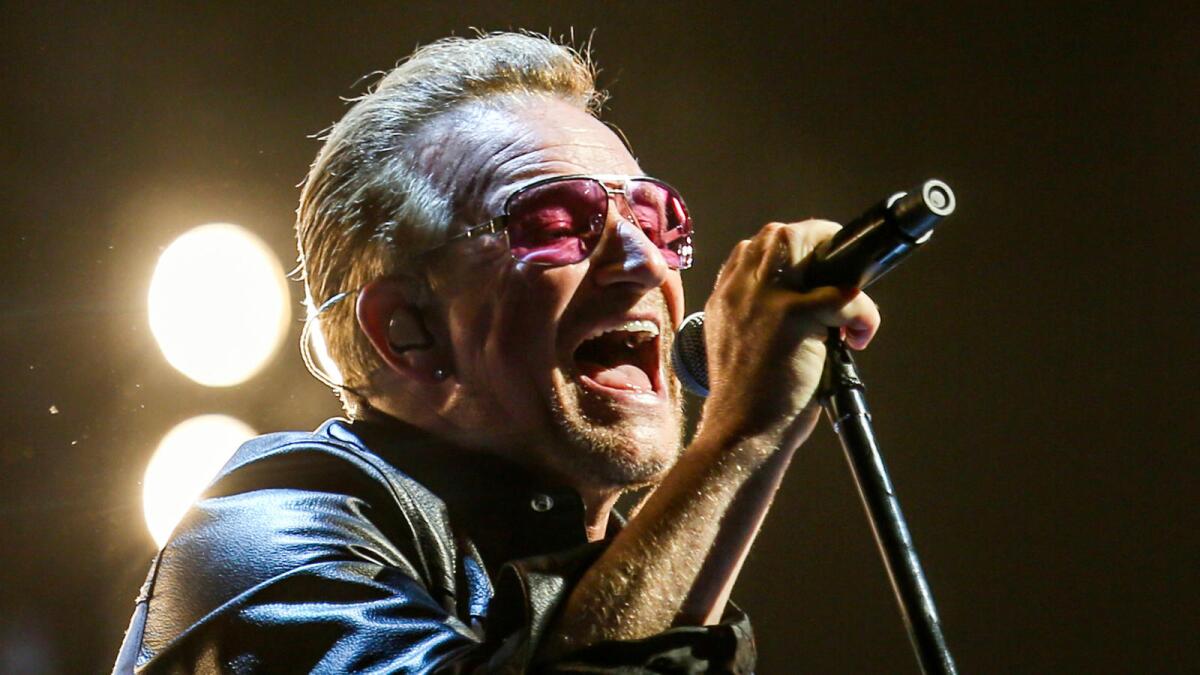 U2 frontman Bono performs at the Forum in Inglewood in 2015.