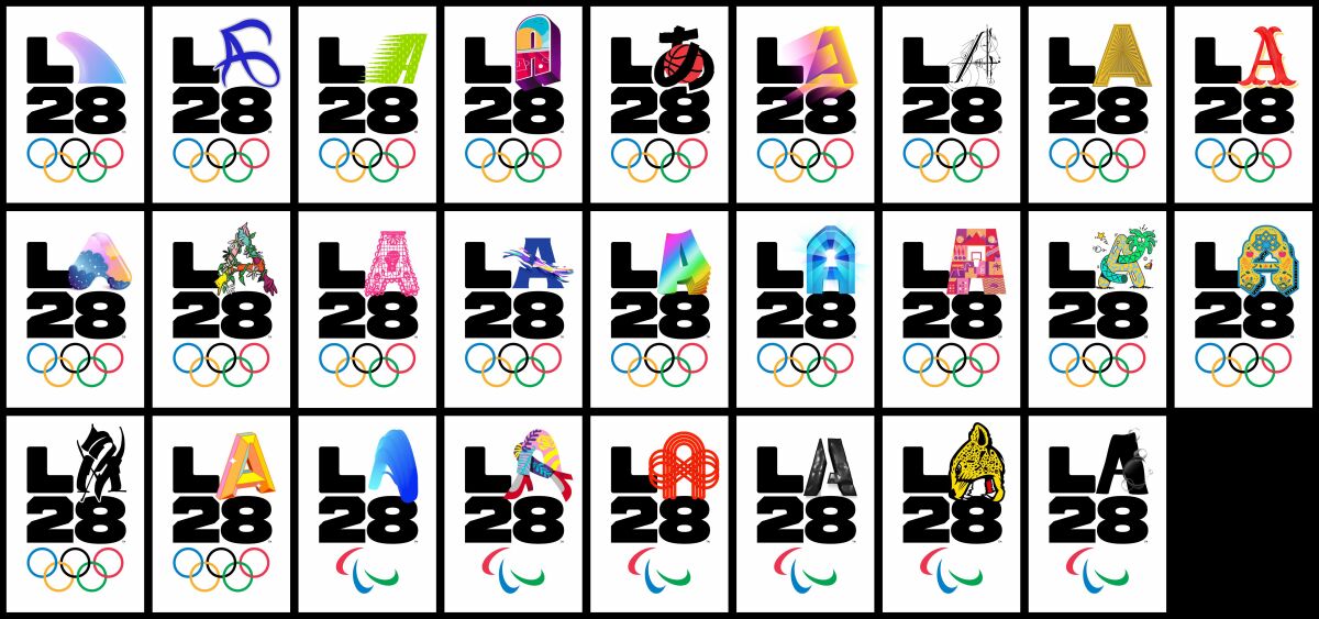 This combination of images provided by LA28 shows logos released Tuesday, Sept. 1, 2020, by the Los Angeles Olympic organizing committee features a black “L” and a “28" being paired with the letter “A” which is designed to show up in almost any color, shape or configuration as a way of representing the diversity of the Los Angeles community. (LA28 via AP)