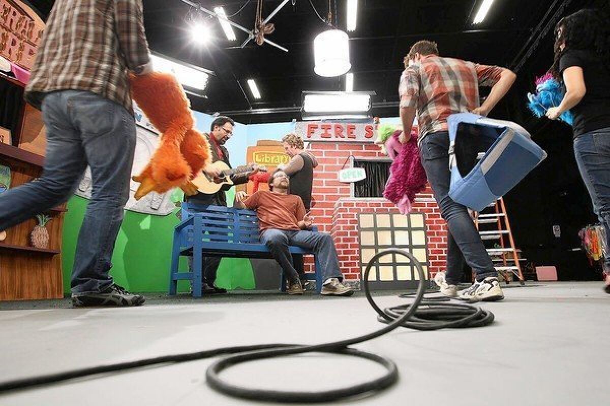 Puppeteers and actors film "Learning Town" at the new You Tube facilities in Playa Vista.
