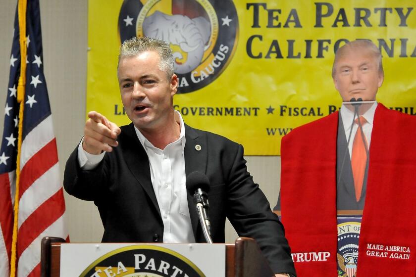 Republican gubernatorial candidate Travis Allen speaks on the topic of "Real-Life Grassroots Politics and The Initiative Process of Repealing the Gas Tax" at The Real Resistance Conference presented by the Tea Party California Caucus at the Wyndham Garden Fresno Airport hotel in Fresno, Calif., on Saturday, August 12, 2017. The two-day conference drew over 100 participants from throughout the state and featured over 20 speakers. (Silvia Flores / For The Times)