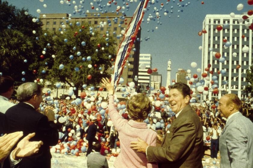 Image from "Reaganland" by Rick Perlstein: Ronald Reagan and his wife Nancy with Senator Strom Thurmond to their right during the Presidential campaign. (Photo by MPI/Getty Images)