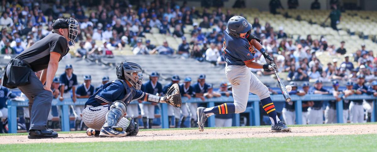 Chatsworth's Ryan Herrera takes a swing during the Open Division title game at Dodger Stadium.