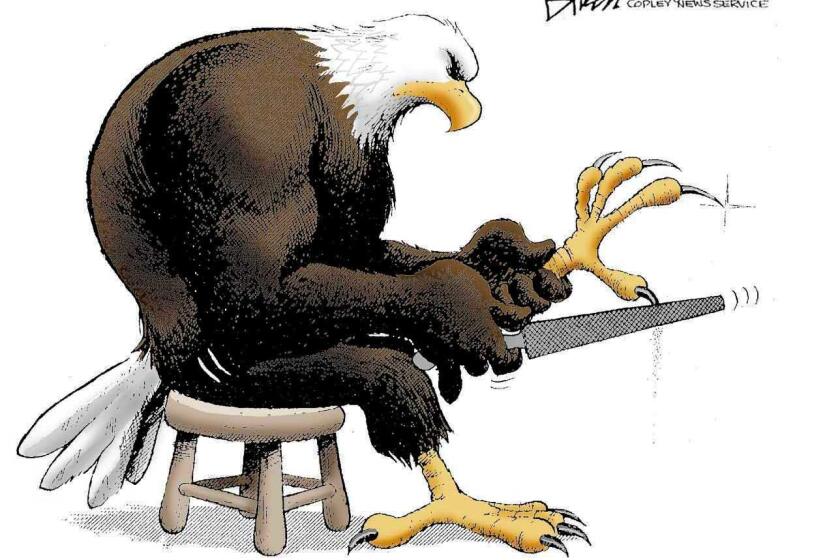  Color image of drawing by San Diego Union-Tribune editorial cartoonist Steve Breen shows a burly American bald eagle sharpening its claws.