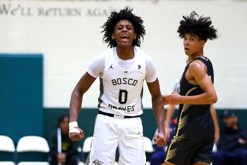 Brandon McCoy gets fired up after a basket for St. John Bosco. He had 28 points in overtime win over Richmond Salesian.