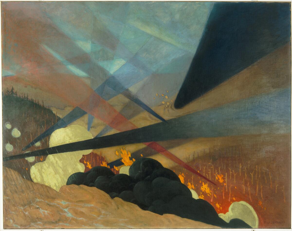 An oil painting showing clouds of smoke billowing from behind a hill and beneath intersecting wedges of blue, gray and red.