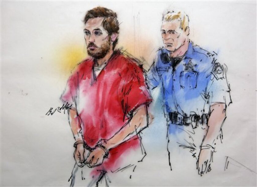 A sketch shows James Holmes, escorted by a deputy, arriving for a preliminary hearing in Centennial, Colo.