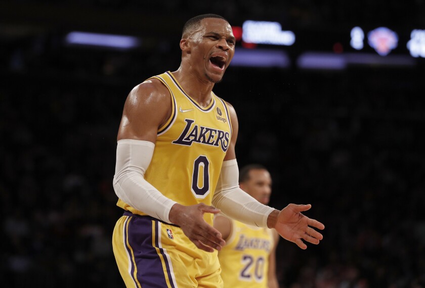 Lakers guard Russell Westbrook reacts after a call from the officials.