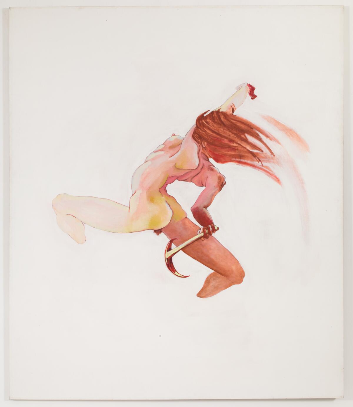 A painting of a nude woman leaping with a pickax.