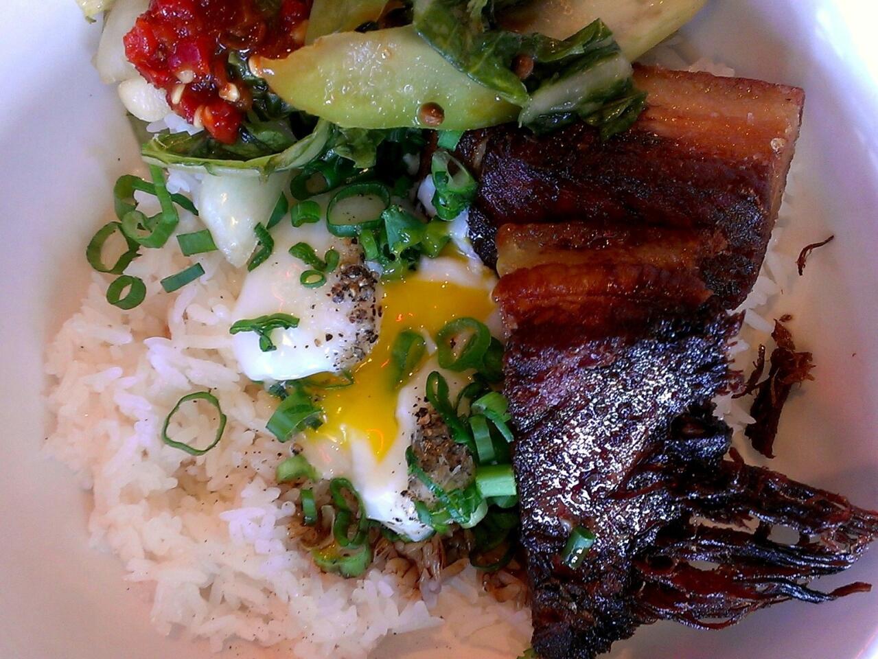 A pork belly rice bowl on the happy-hour menu at East Borough in Culver City.
