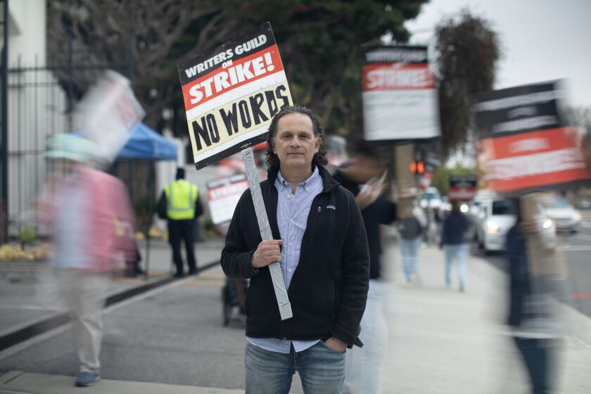 CULVER CITY, CA - MAY 09: Writer and producer Bill Diamond at the Writers Guild of America picket line at Sony Studios in Culver City. He joins other writers who are demanding fair pay for their work. Photographed at Sony Studios on Tuesday, May 9, 2023 in Culver City, CA. (Myung J. Chun / Los Angeles Times)