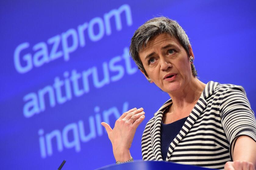 European Commissioner for Competition Margrethe Vestager at a news conference in Brussels on Wednesday, when the commission disclosed the findings of an antitrust investigation of Russia's Gazprom monopoly.