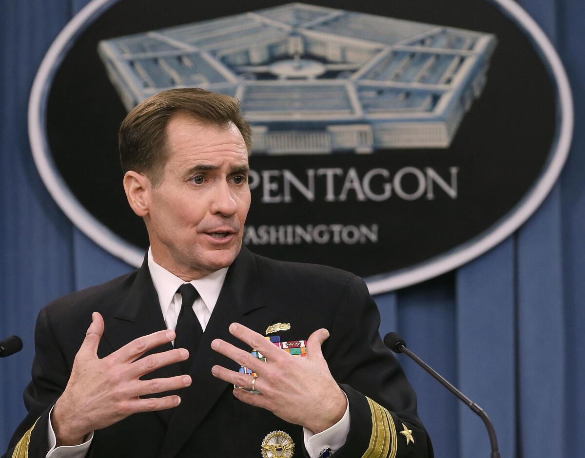 Pentagon spokesman Rear Adm. John Kirby, shown on Jan.9, announced plans announced plans to send several hundred U.S. troops to help train and equip Syrian rebel fighters to battle Islamic State militants.