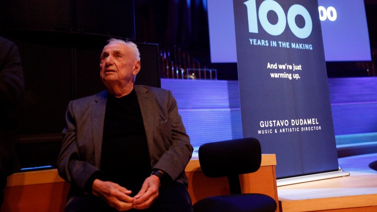 Architect Frank Gehry onstage before the L.A. Phil centennial announcement Thursday.