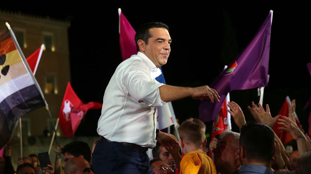 Greek Prime Minister Alexis Tsipras speaks May 24 in Athens at the last pre-election rally ahead of the European Parliament election.