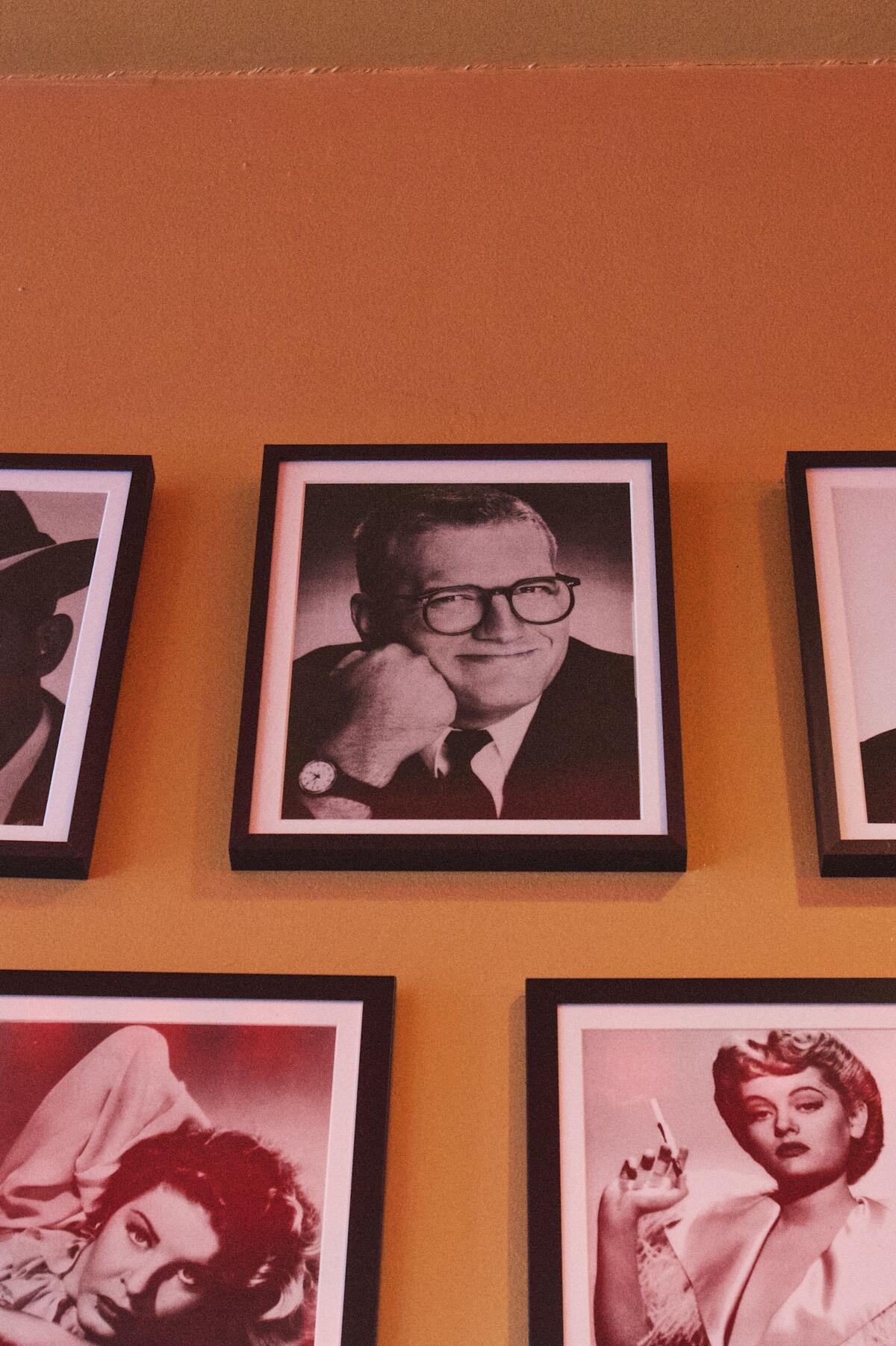 Drew Carey's black-and-white headshot hanging prominently near the entrance to the Burbank location of Bob's Big Boy.