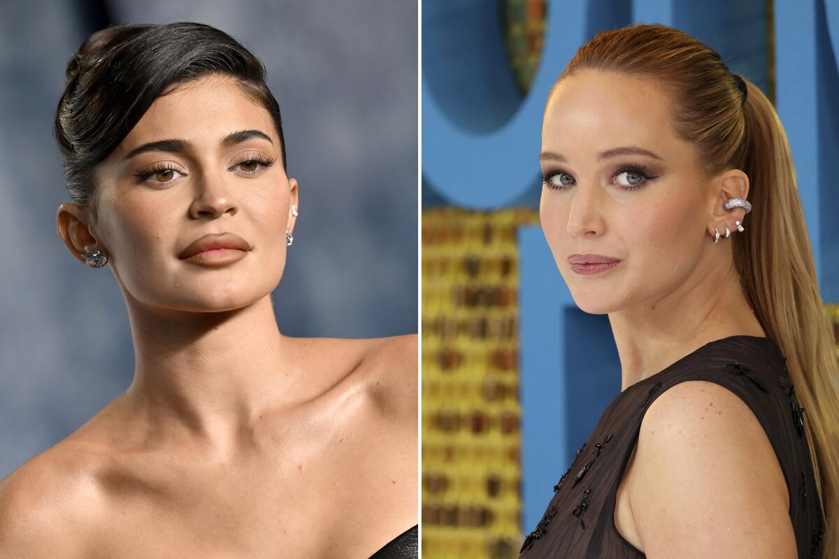 Two headshots, one of Kylie Jenner, left, and one of Jennifer Lawrence, right 