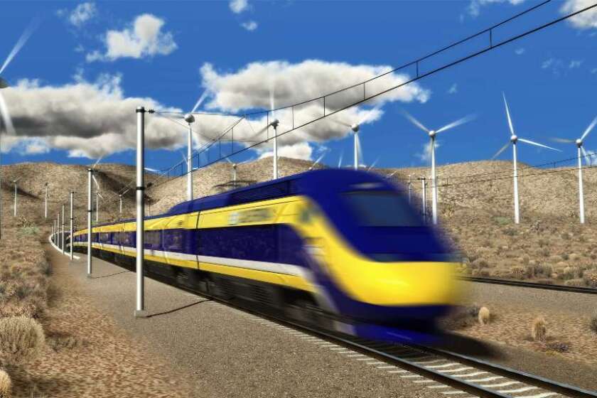 An artist's drawing shows a California high-speed train that's proposed to transport passengers between Los Angeles and San Francisco.