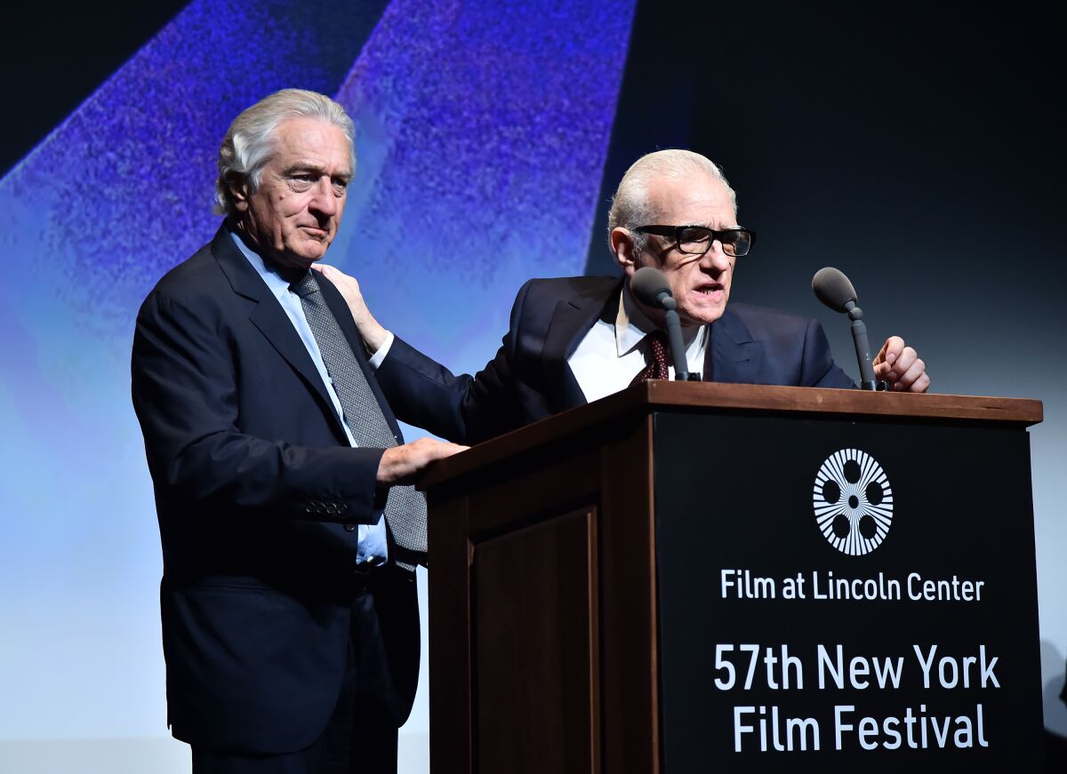 Robert De Niro and Martin Scorsese introduce "The Irishman" at the New York Film Festival.
