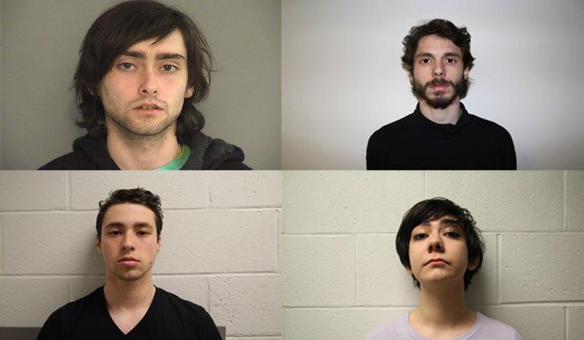 Three men and one woman were arrested Tuesday night, according to police in Middletown, Conn. The students arrested were (clockwise top left) Andrew Olson, 20, of Atascadero, Calif., Eric Lonergan, 21, of Rio de Janeiro, Rama Agha Al Nakib, 20, of Lutherville Md. and Zachary Kramer, 21, of Bethesda, Md.