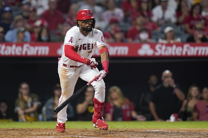 Jo Adell runs to first base after a hit in the fifth inning of the Angels' 10-2 win Saturday.