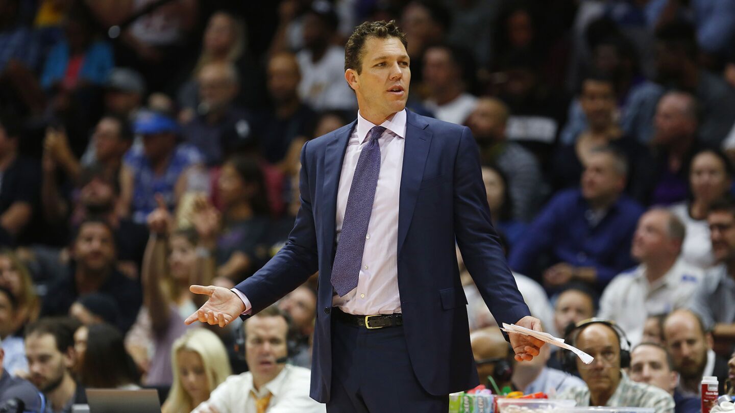 Los Angeles Lakers coach Luke Walton reacts to a call during a preseason game against the Denver Nuggets in San Diego on Sunday, September 30, 2018. (Photo by K.C. Alfred/San Diego Union-Tribune)