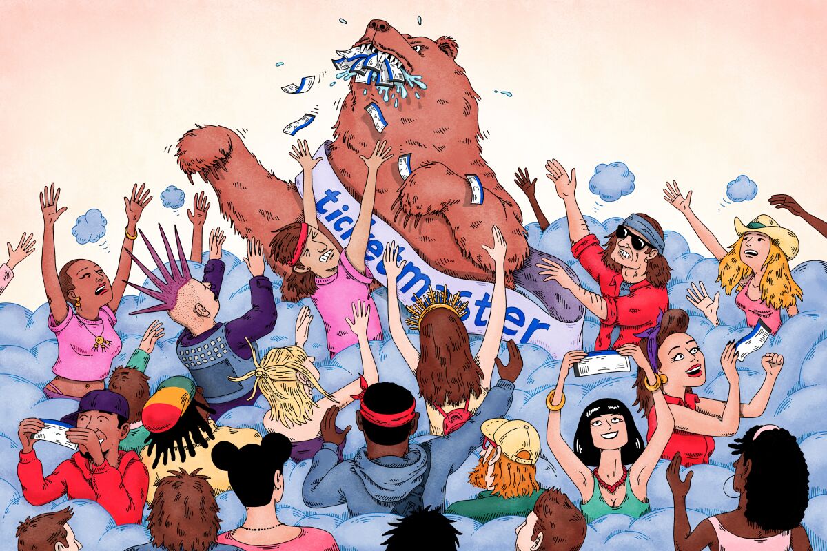 Illustration of a bear wearing a Ticketmaster sash and mauling fans. a crowd of fans fight for concert tickets.