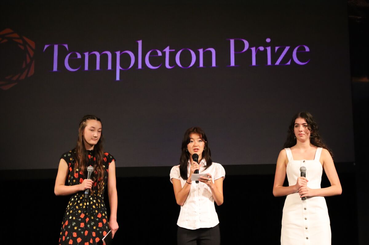 Yoyo Watanabe, center, on stage at the Templeton Prize Celebration Ceremony for Jane Goodall.
