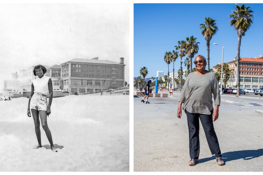 L: Cristyne Lawson at the beach 1953 Photograph from the Cristyne Lawson Collection featured in essay, "Reconstruction and Reclamation: The Erased African American Experience in Santa Monica's History," Belmar History + Art project (2020) by Alison Rose Jefferson and in the BH+A history interpretative exhibition panels. R: SANTA MONICA, CA - MARCH 01, 2021- Cristyne Lawson posing for a picture at the same location that she had her picture taken at Bay Street Beach in 1953. She was born into Santa Monica's once thriving Black community in 1935. She went on to train at Julliard in dance, performed nationally and abroad with Martha Graham and Alvin Ailey dance troupes, and later became dean of dance at CalArts. Her grandfather, Rev. James Stout, was the firt pastor of Santa Monica's first Black church, the Phillips Chapel Colored Methodist Episcopal (CME) Church, (later renamed as the Christian Methodist Episcopal Church) which is just a block from where she lives today. (Ricardo DeAratanha / Los Angeles Times)