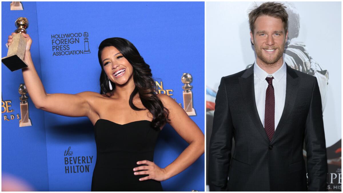 Gina Rodriguez, left, at the Golden Globes in January, and Jake McDorman, right, at the New York premiere of "American Sniper" in December. They will wear the winning designs from the Red Carpet Green Dress contest on the Academy Awards' red carpet.