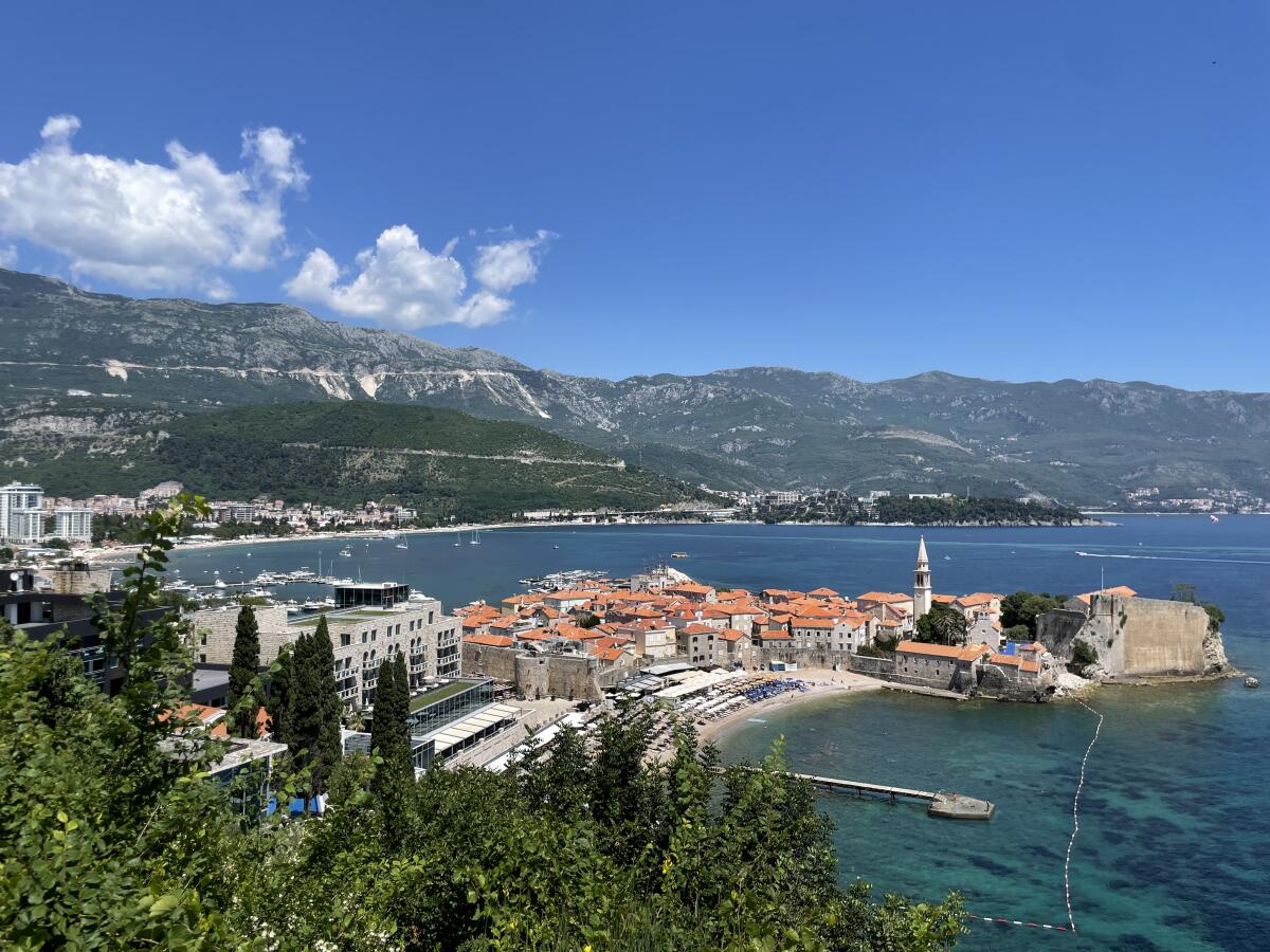 The curving seashore of Budva, Montenegro.