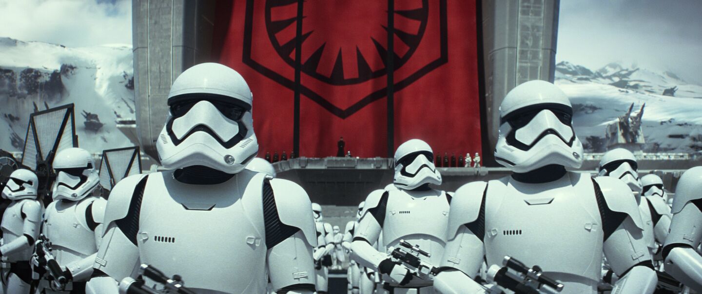 First Order stormtroopers are shown in a scene from "The Force Awakens."
