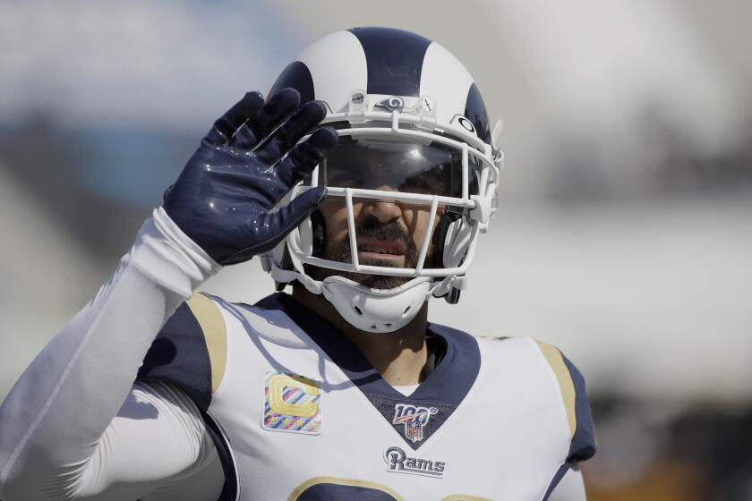 Los Angeles Rams free safety Eric Weddle looks up in the stands before the start of an NFL football game against the San Francisco 49ers Sunday, Oct. 13, 2019, in Los Angeles. (AP Photo/Alex Gallardo)